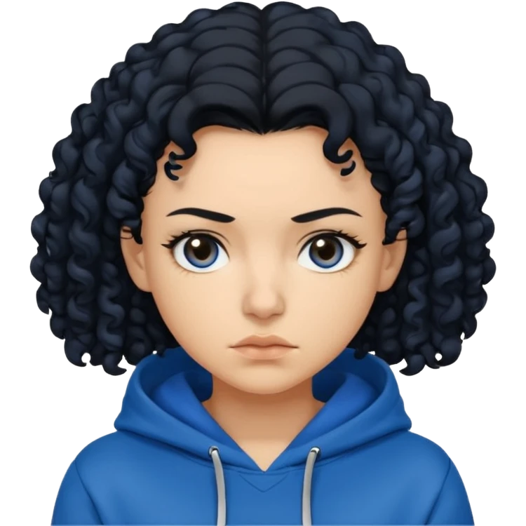 A woman with curly black hair, wearing a blue-black hoodie, and a slightly serious expression on her face. emoji