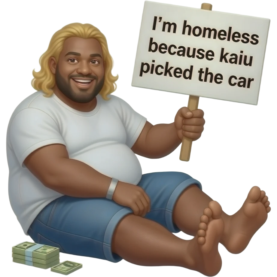 a weird ah emoji with nasty feet with long blond hair and he looks homelessand he is holding a sign that say I'm homeless because kaiu picked the car and he has zesty close and he is gay and he has a small stack of money and is super short and is black and has a super long toes and is fat emoji