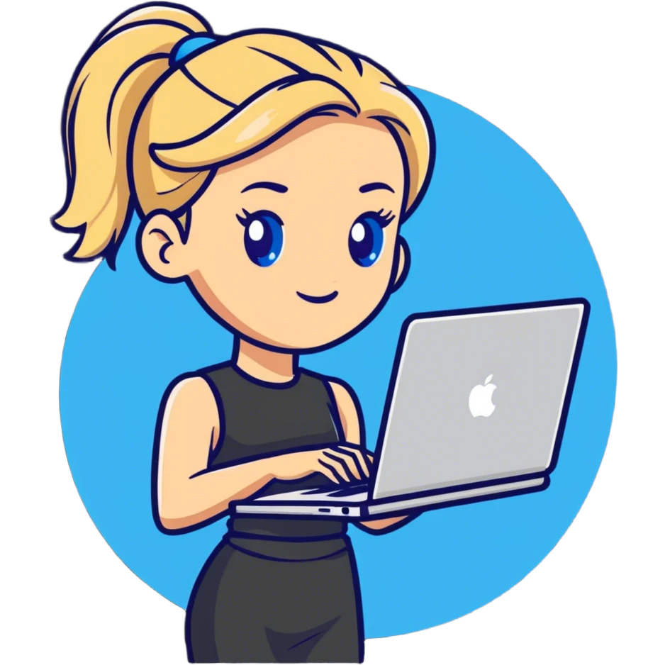 Cartoon 
Blonde woman ponytail blue eyes with MacBook emoji