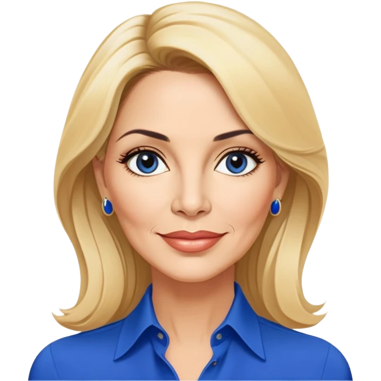 Linette Torres, 50-something Puerto Rican actress with fair complexion, beautiful mature facial features, bright expressive eyes, defined cheekbones with slight age lines, full lips with warm smile, blonde hair with sophisticated styling, wearing a stylish blue blouse emoji