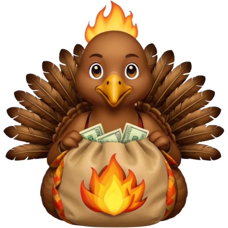 Can you create a turkey warming up a bag of money by a fire emoji