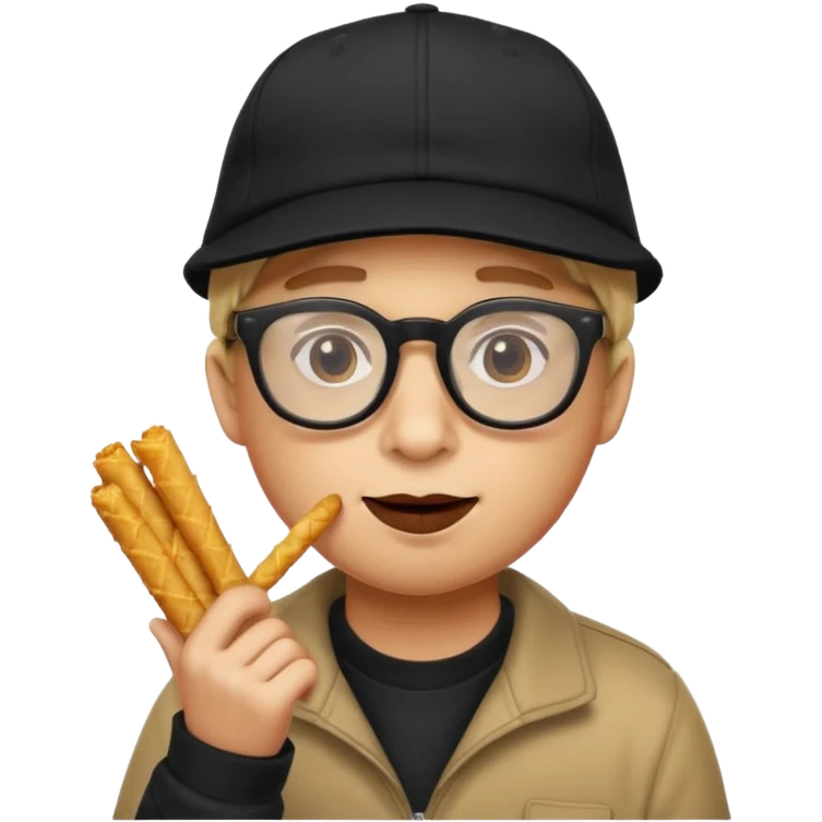 num num eatting hashbrown sticks with a plain black cap and glasses emoji