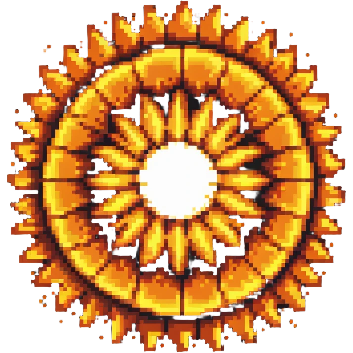 Bomberman explosion center tile, bright fiery explosion core with yellows and oranges radiating from center, circular explosion pattern, clean pixel art edges, slight transparency at edges emoji