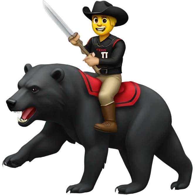 Raider red (Texas tech) riding a tame Baylor bear emoji