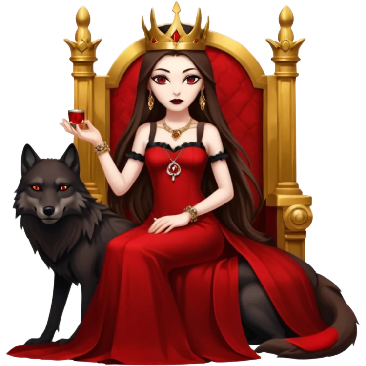 Lilith symbol seductress evil brown straight long hair haired, sexy succubus woman with red and black Chanel dress sitting on a Black and gold throne. A large black wolf laying beside he emoji