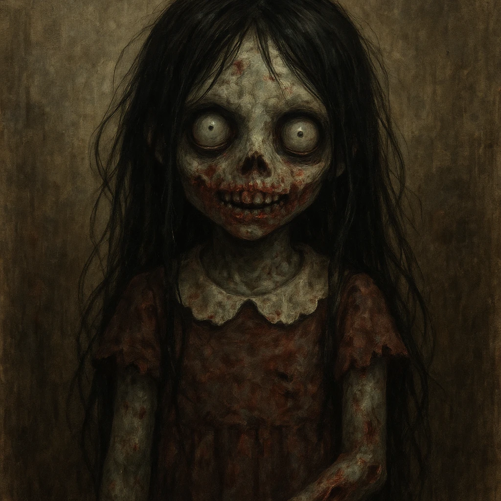 zombie girl with long black hair, creepy and cute emoji