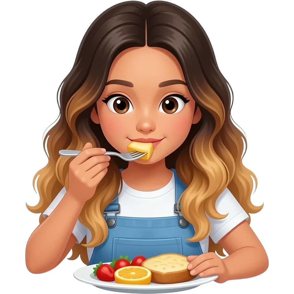 Beautiful Filipino girl beautiful eyes with long wavy hair balayage eating breakfast 45 degree angle looking down at plate emoji