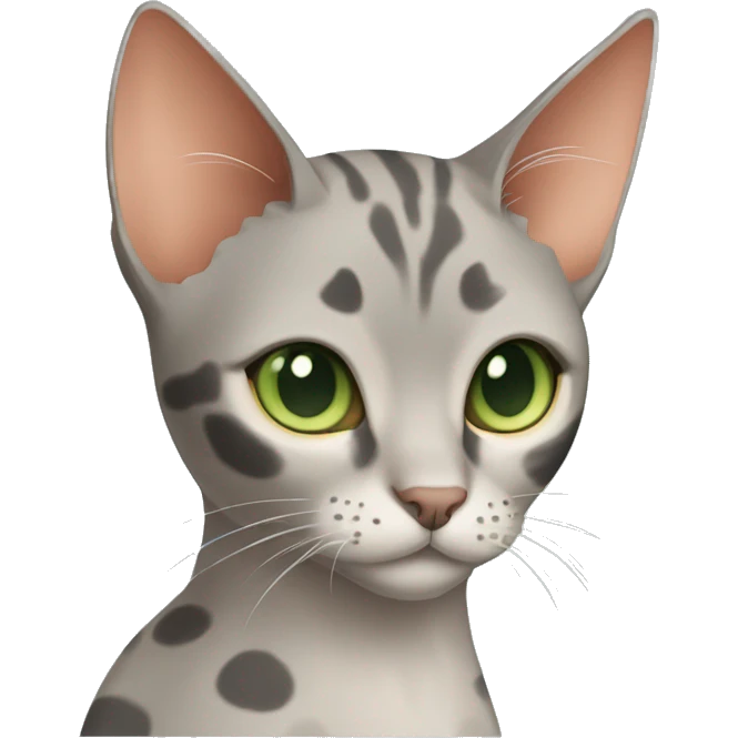 Short-haired oriental cat ,full body , grey coat with small spots , green eyes , terracotta nuzzle emoji