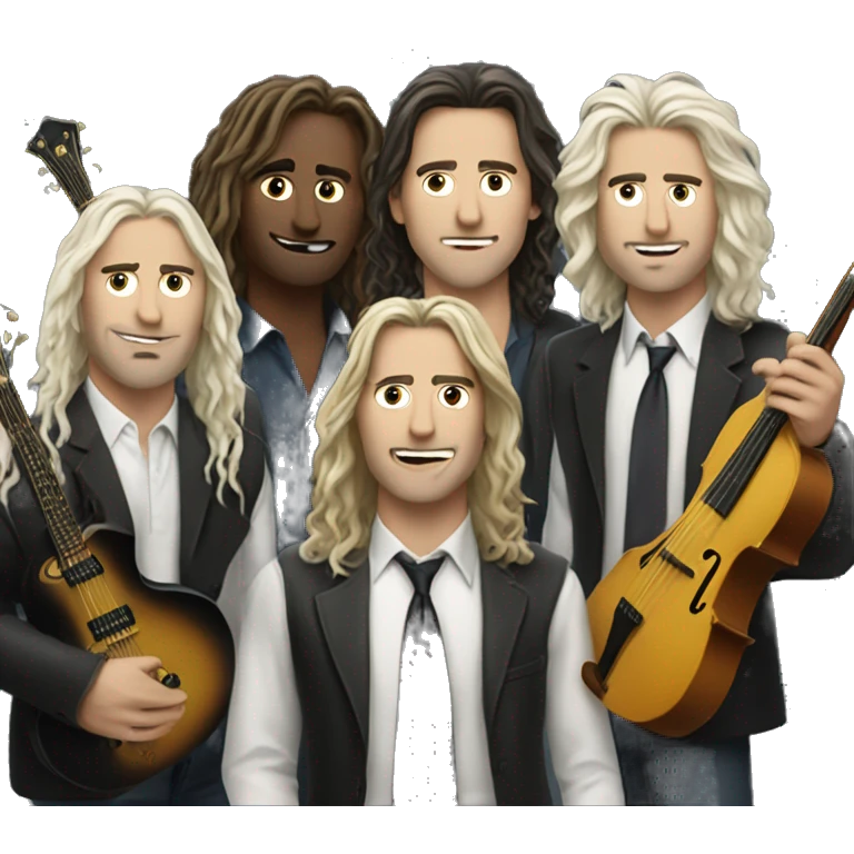 4 white men rocking with musical instruments in with all long hair  emoji