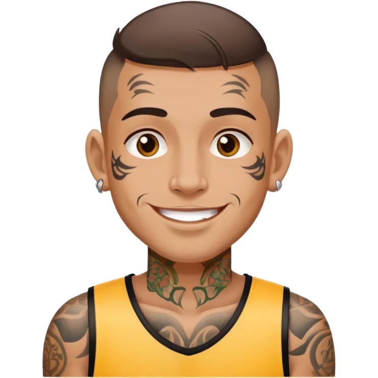 man with small face tattoos, cheerful expression, wearing a jersey emoji