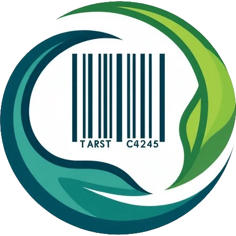 Clean minimalistic logo on 3:2 ratio canvas with circular motif. Inside circle: barcode transitioning into globe. Soft gradients of green and blue suggesting sustainability and trust. Sleek, professional, contemporary style focused on simplicity. emoji