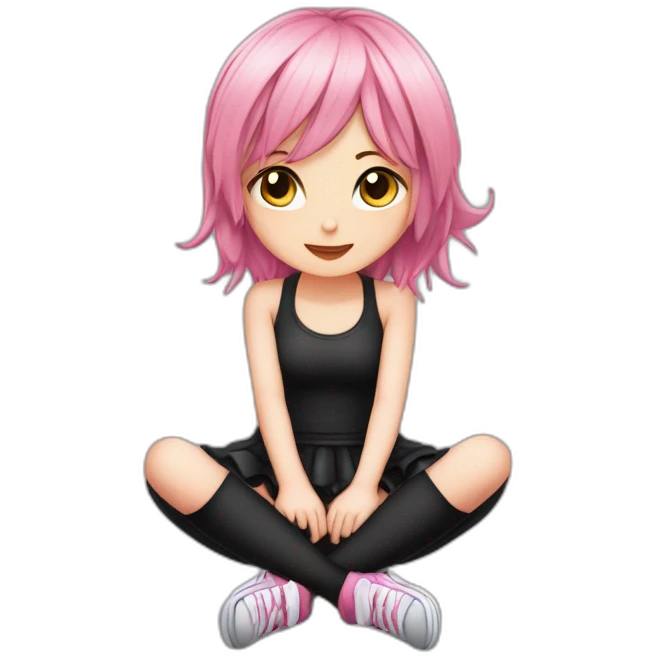 Full body Front view curvy emo girl pink hair sits on the floor straight view hands up black skirt полосатые рваные чулки emoji