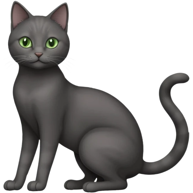 full body gorgeous solid dark grey cat with green eyes, white paws and white whiskers stretching like a cat emoji