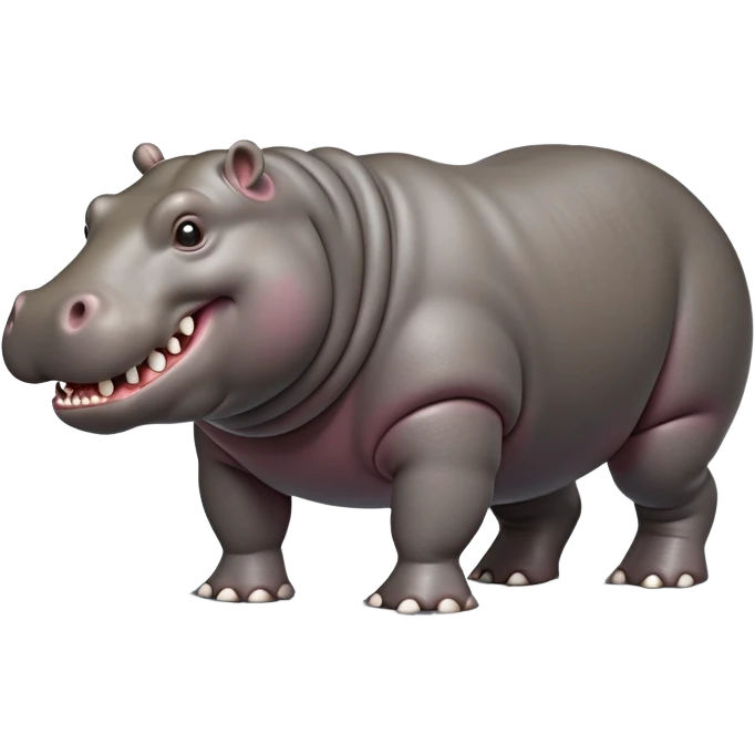 cinematic-hippo-realistic-full-body side view-standing on all fours-emoji,-massive-round-frame,-wide-mouthed-grin-exposing-huge-teeth,-head-tilted-dramatically,-thick-greyish-brown-hide-glossy-from-water,-simplified-yet-realistic-focused-features,-highly-detailed,-glowing-with-an-almost-sarcastic-glow emoji