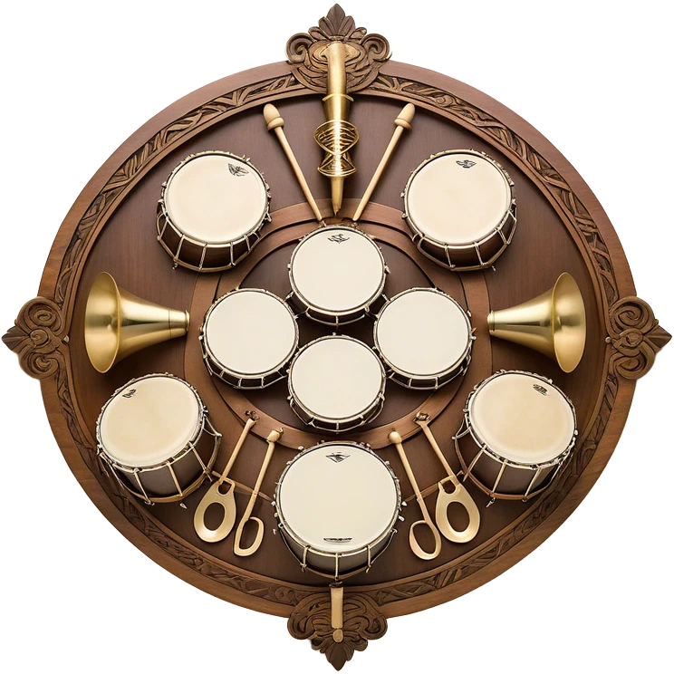 Create a heraldic, festive, and professional emblem-like emoji representing percussion instruments. The design should resemble a traditional crest, featuring a range of percussion instruments like cymbals, triangle, tambourine, maracas, timpani, and other traditional and folk percussion instruments. Arrange them symmetrically, with elements like cymbals crossing each other, a triangle at the center, and timpani or drums flanking the sides. The instruments should be depicted with metallic and wooden tones—shiny brass for cymbals, silver for the triangle, and rich wood or polished bronze for drums. Include ornate details like engraved patterns on the instruments, decorative swirls or laurels, and subtle accents to add elegance and festivity to the composition. The overall design should be cohesive, balanced, and visually striking, suitable for use as a prestigious emblem. The background should be transparent. emoji