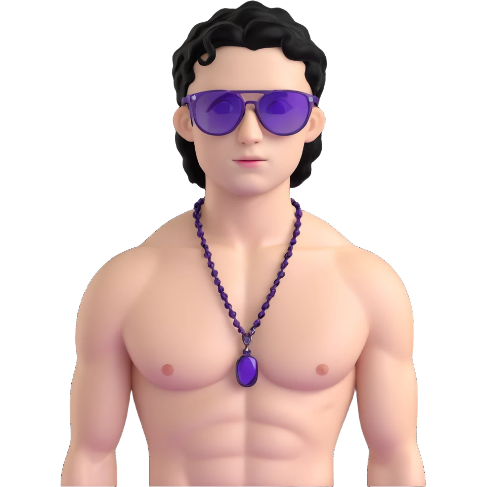 shirtless male athlete with white skin and moderately curly black hair on top with shaved sides, wearing purple sunglasses with black tinted lenses and a plain black chain necklace without pendant emoji