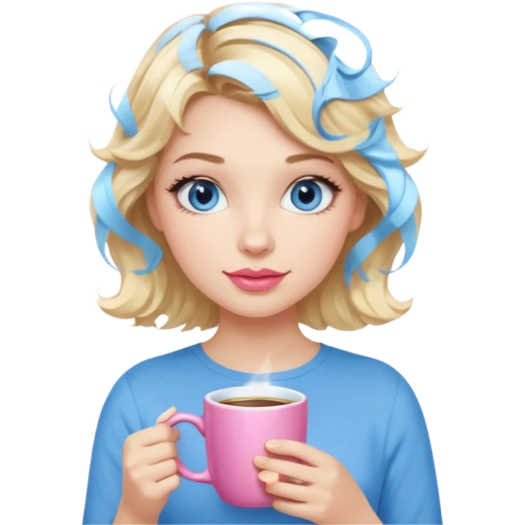 Girl Blonde short wavy hair,  blue eyes, cute blue top, long lashes, pink lips, holding coffee mug emoji