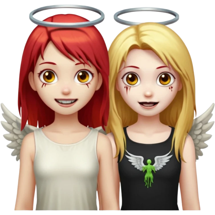 девушка ангел с нимбом и крыльями, с рыжими прямыми волосами по плечи, с улыбкой, стоит рядом с девушка зомби с темными длинными прямыми золосами, со злым выражением лица и ровными белыми зубами в стиле Apple avatar emoji