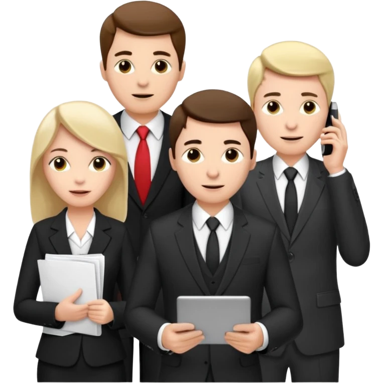 Команда в костюмах из трёх человек. на переднем палне Мужчина впереди общается по смартфону, дальше женщина слева стоит с ноубуком, мужчина справа держит бумаги emoji