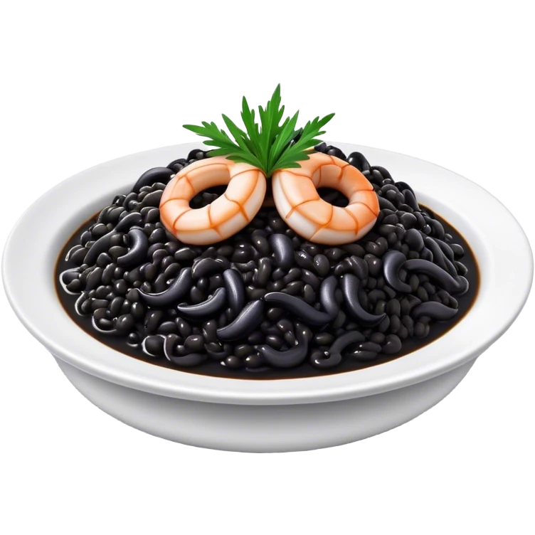 Cinematic Realistic Black Risotto Dish Emoji, showcasing a rich squid ink-infused risotto rendered with bold textures and dynamic, dramatic lighting. emoji