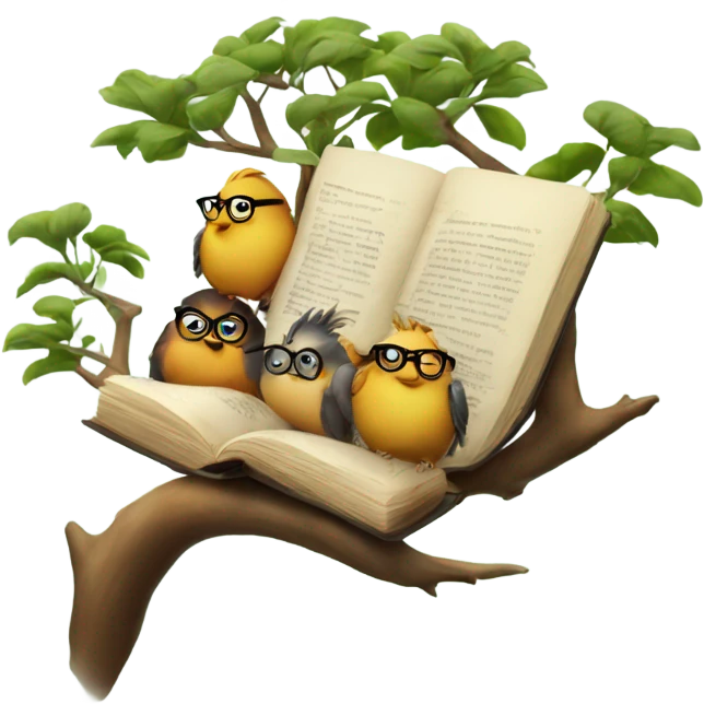 three birds in a tree but one of them wearing glasses and hanging a book emoji