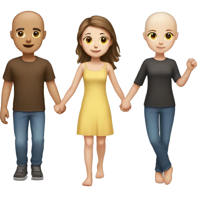Two girls and one guy holding hands, both girls white skin, one girl brown hair, other girl no hair emoji