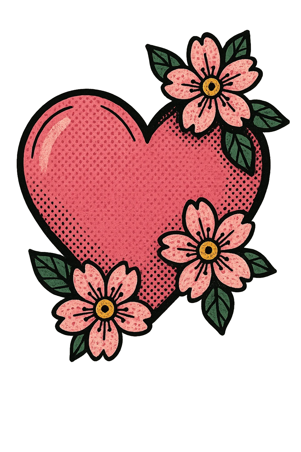 pink heart with sakura flowers, old school comic book style emoji