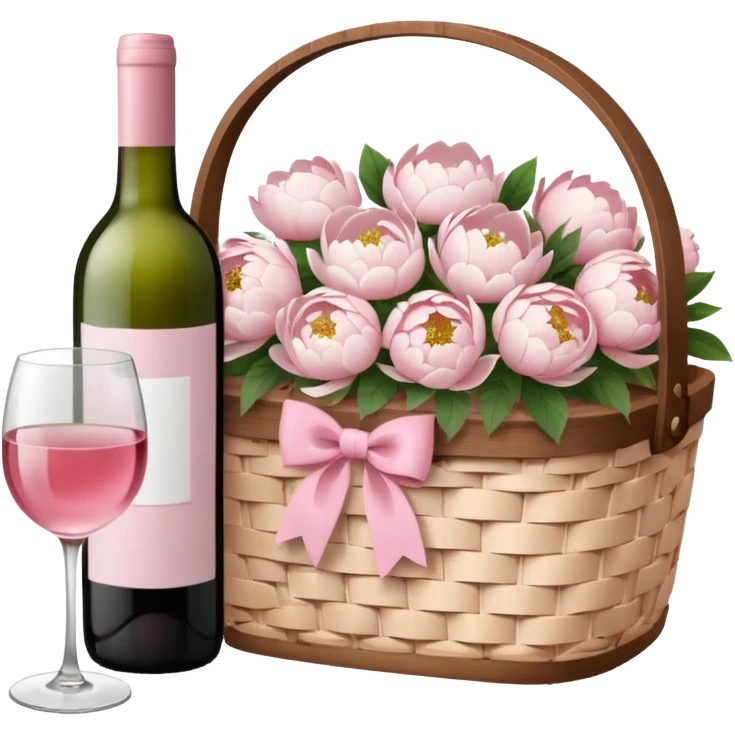 White Picnic basket with light pink bow and white peonies inside and a pink wine bottle emoji