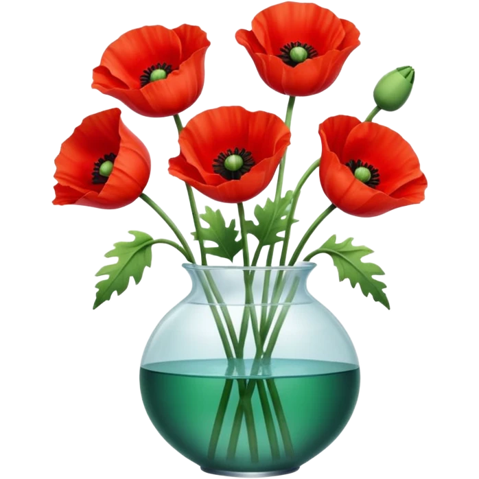 three big realistic poppy flowers in a clear vase with clear water emoji