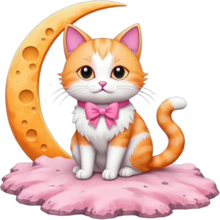 cat with pink bow sitting on the moon emoji