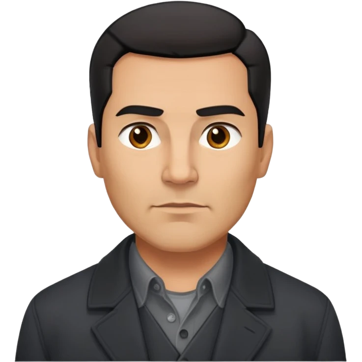 Strong built middle-aged Hispanic man with tan complexion, short black straight hair combed back with faded sides, square masculine face with defined jawline, wearing black coat and gray button-up shirt tucked in emoji