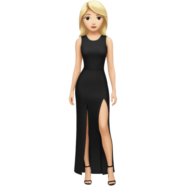 Blonde woman, Long black tight sleveless Dress, Slot left leg emoji