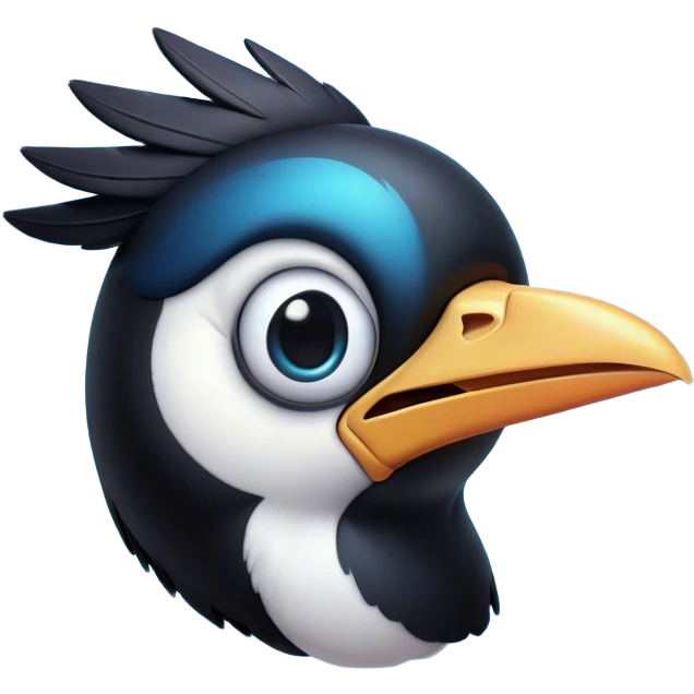 Cinematic Comical Magpie Portrait Emoji, Head tilted dramatically with an exaggeratedly shocked expression, featuring a vibrant, glossy form with wide, comically expressive eyes full of playful disbelief and a subtly animated beak, Simplified yet hilariously expressive features, highly detailed, glowing with a slightly sassy urban glow, high shine, dramatic yet playful, stylized with an air of cheeky mischief, soft glowing outline, capturing the essence of a meme-worthy magpie that looks ready to side-eye its way into viral fame! emoji