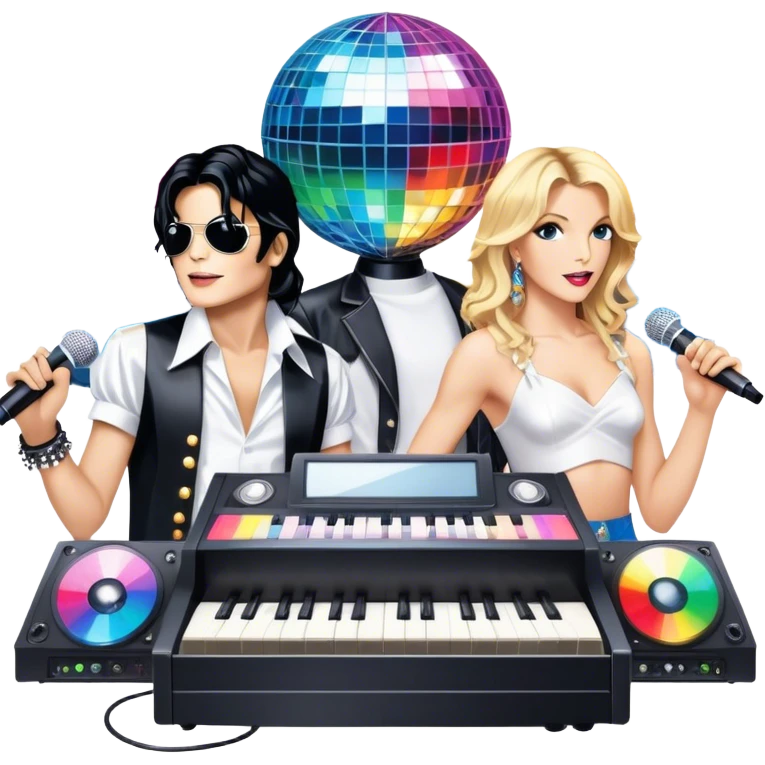 Pop music icon: vibrant stage with bright lights, microphone, synthesizer, disco ball. Collage of famous pop artists—Michael Jackson, Madonna, Britney Spears, and Taylor Swift—symbolizing iconic eras. Energetic and dynamic. Transparent background. emoji