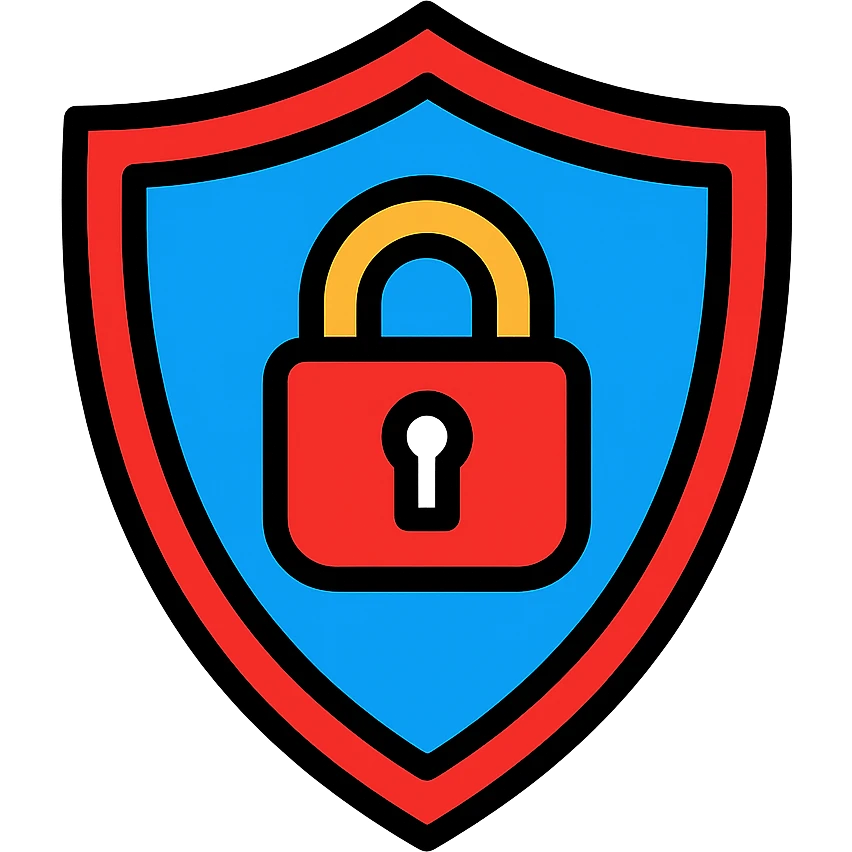Detailed IT security emblem icon: shield and padlock, primary color vibrant blue #02aff4, bold red #ee1b24 accents, white background, clean and visually striking, icon style emoji