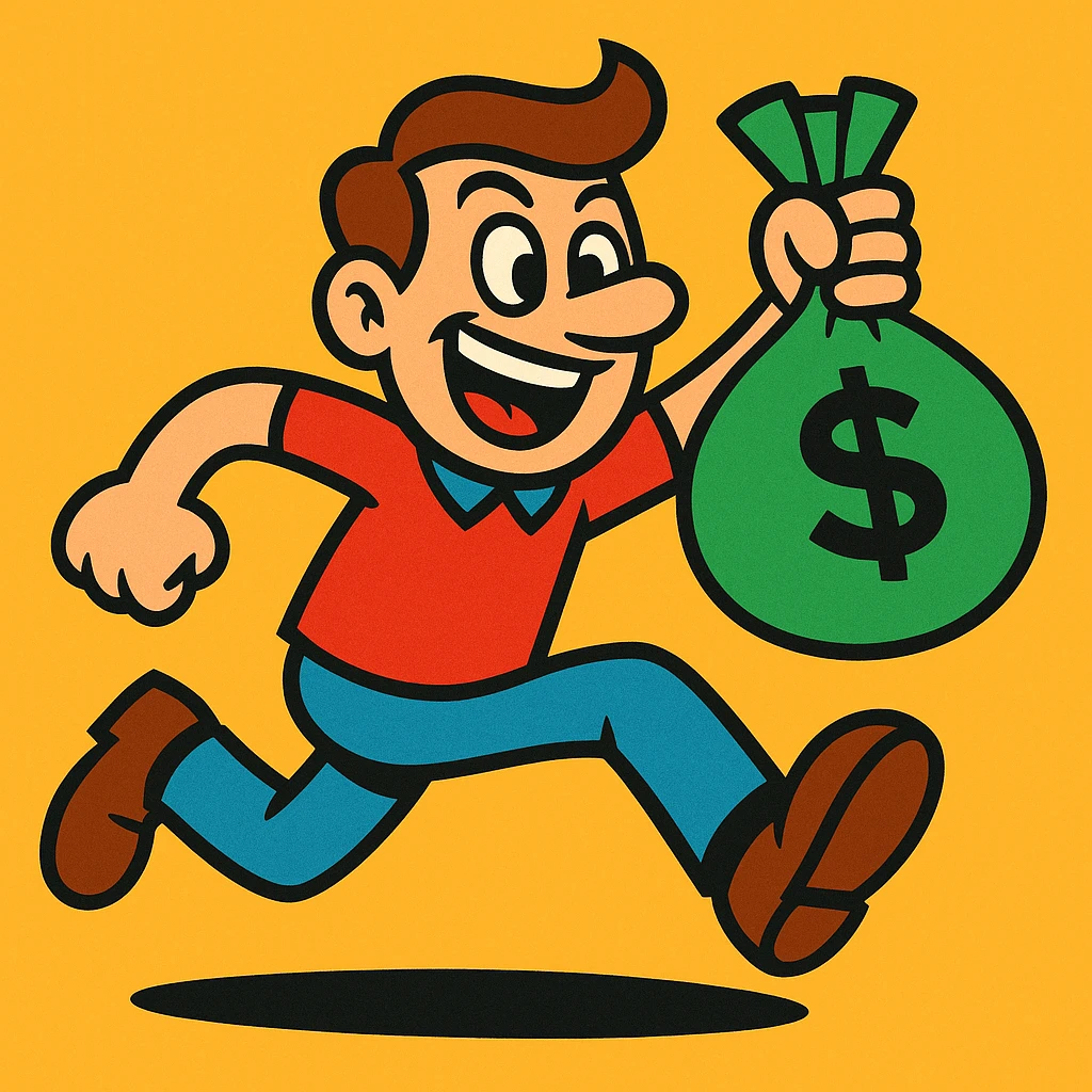 a cartoon character running away with a bag of money, energetic pose emoji