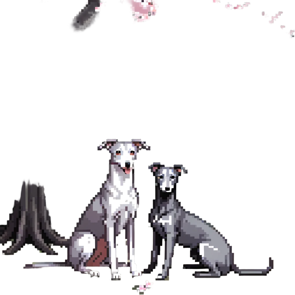 A very beautiful and attractive 25-year-old Chinese woman with long flowing black hair and a pure solid dark grey whippet with ABSOLUTELY NO white markings anywhere on its body sitting under a cherry blossom tree. The whippet must be completely solid dark grey with no white on chest, no white on muzzle, no white on paws - entirely one solid dark grey color. emoji