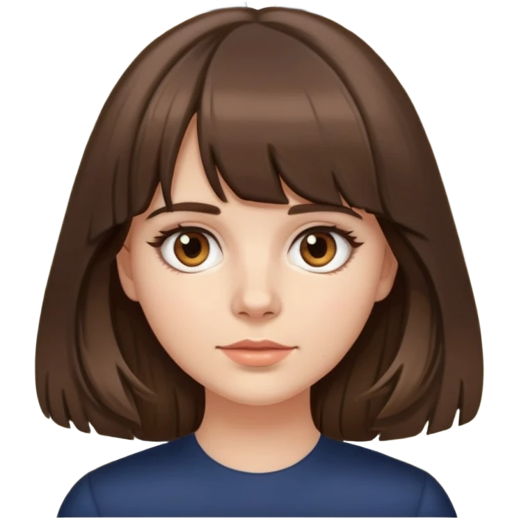 White girl with medium length brown hair, curtain bangs, and brown eyes emoji