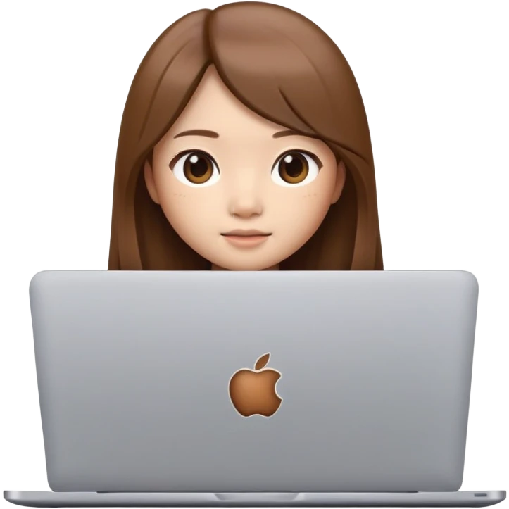memoji of a chinese girl with brown long straight hair with a laptop, apple style memoji style emoji