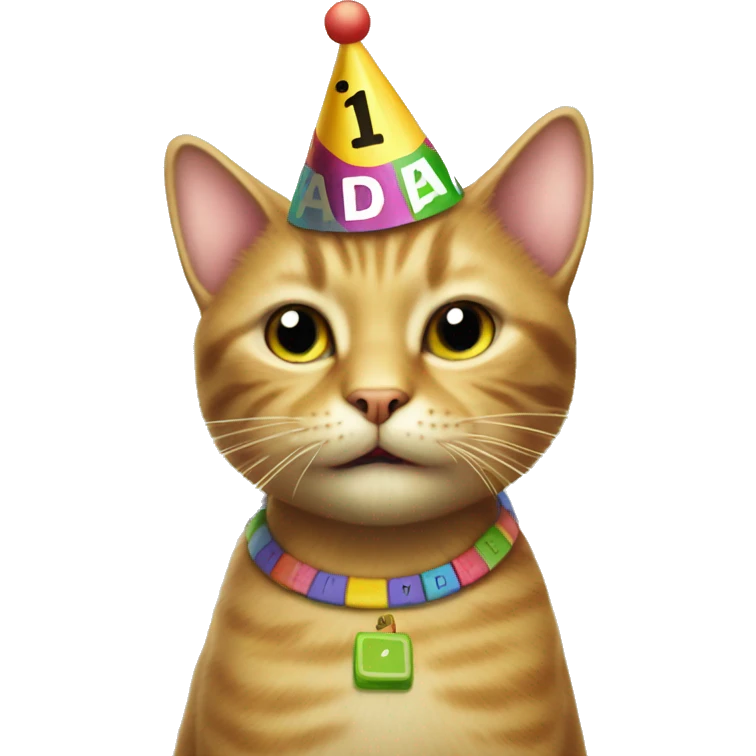 cat wearing a birthday hat winning at scrabble emoji