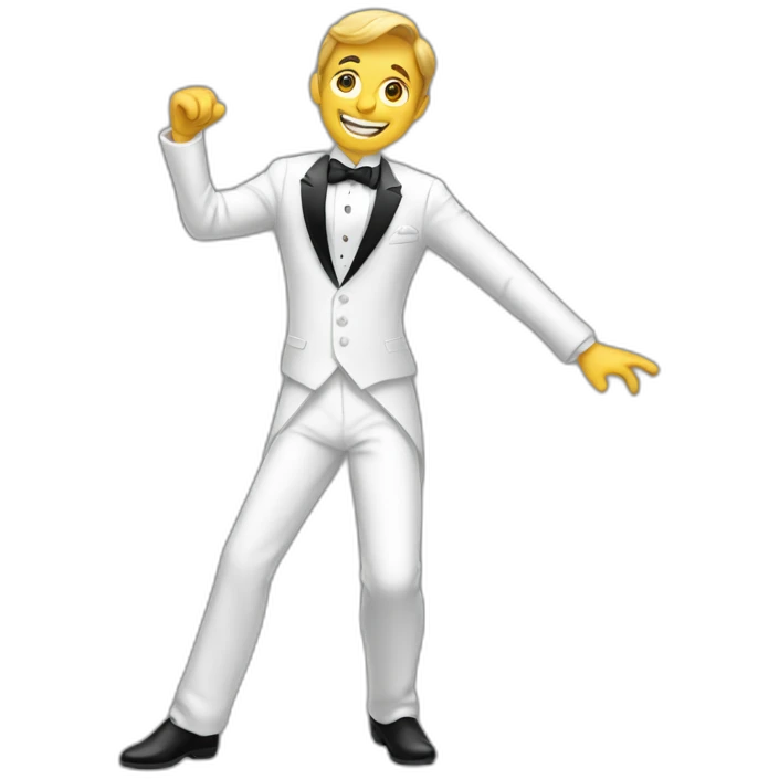 A very short guy dancing in a tuxedo emoji