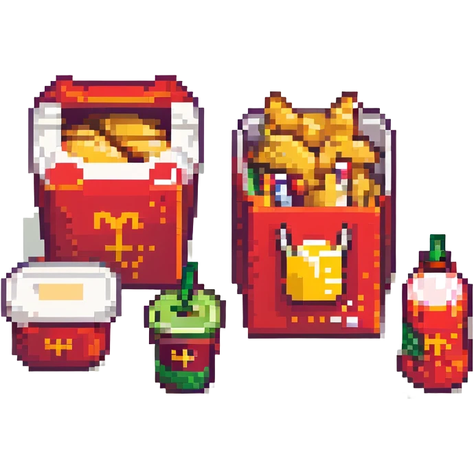 futuristic mc donalds sandwich boxes, fries, bag and drink. dystopian emoji