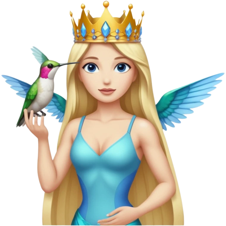 full body woman long blonde hair blue eyes white skin muscular build hummingbird crown and nectar flask emoji
