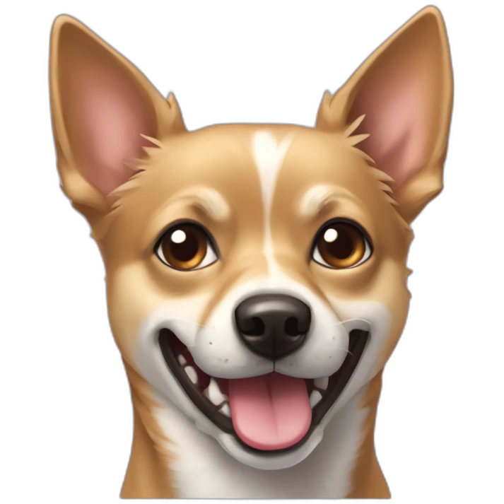 mutt dog that is mostly like a small german shephard but with larger chihuahua eyes and a large overbite with her left canine tooth a bit crooked and sticking of her mouth emoji
