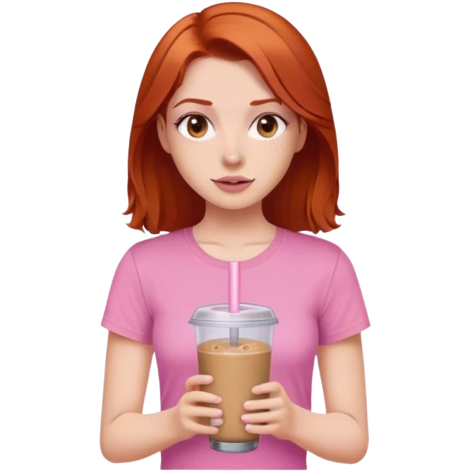 Redhead girl with ice coffe brown eyes and a pink tshirt  emoji