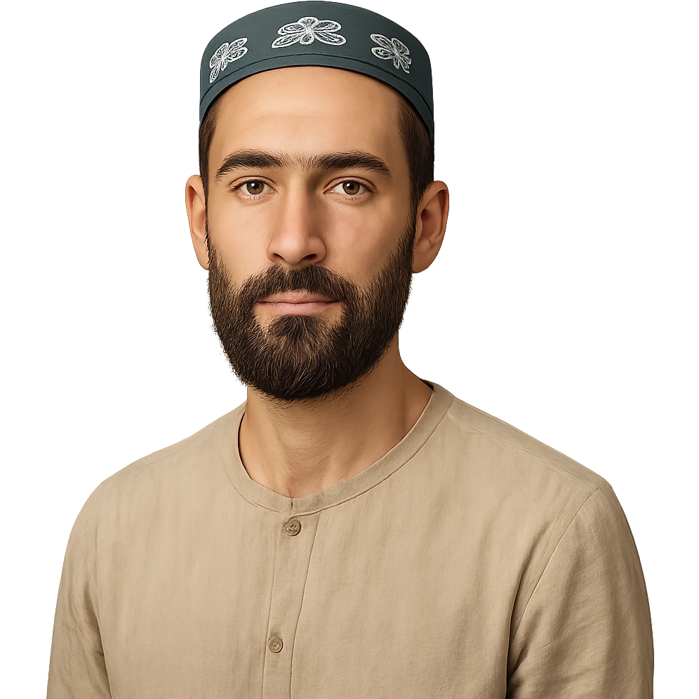 A Tajik man with a slender build, oval face, broad forehead, straight nose, expressive brown eyes, thick eyebrows, dark straight hair, warm-toned skin, and a bigger, neatly kept beard emoji