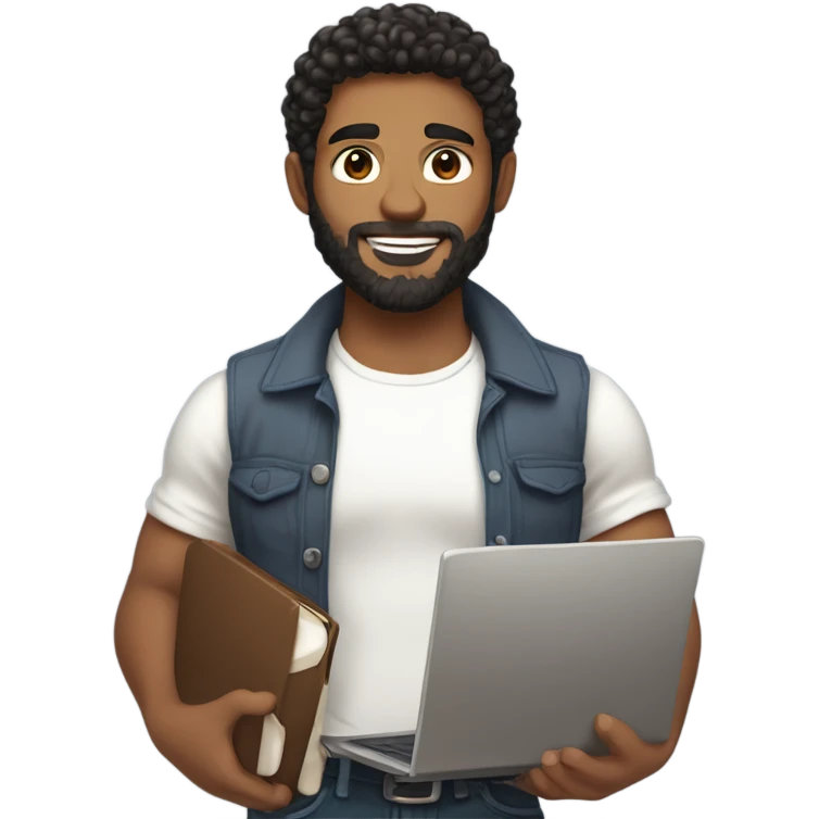men holding his computer in hands. light brown skin men with curly black hair, dark brown eyes, little grown beard. little bit muscular. dressed casual. round face. emoji