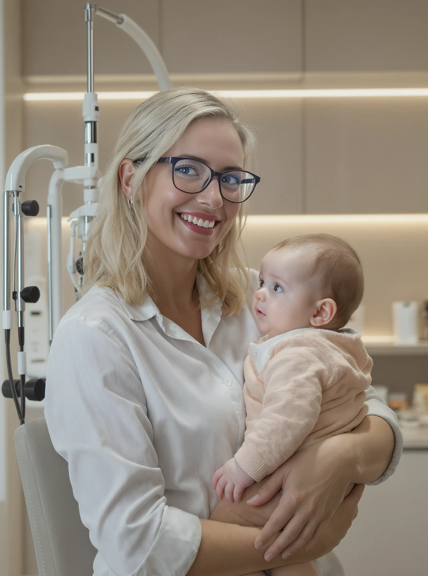 Cinematic still, Proffesional advertising of a smiling european white woman with glasses smiling holding baby, minimalistic ophthalmologist interior in background, leading  lines, "rule of thirds", 60/30/10 colors, soft light emoji