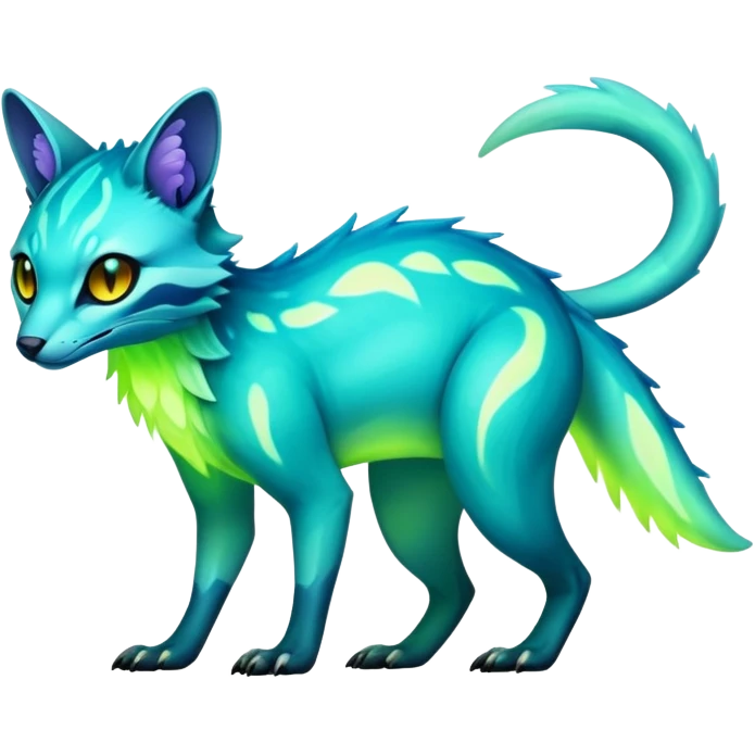 Exotic futuristic bioluminescent translucent transparent lush warm-colored neon-glowing iridescent Fakémon-Fionbri-Vernid-Sergal-Genet-creature (full body) emoji