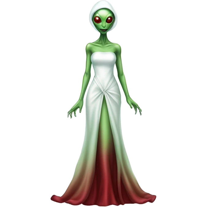 reptilian green alien woman, in( long slim pastel color:#FFFFFF formal party satin dress with gradient shiny sparkling color:#800000), full figure, full body emoji